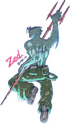 Rule 34 | 1boy, antennae, artist name, back turned, bubble, character name, fish boy, furry, furry male, green pants, holding, holding polearm, holding weapon, kekkai sensen, looking at viewer, male focus, megi02, monster boy, muscular, muscular male, pants, polearm, shoe soles, shoes, topless male, twitter username, weapon, zed o&#039; brien