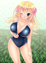 Rule 34 | 1girl, :d, aqua eyes, bare shoulders, blonde hair, blush stickers, breasts, chain-link fence, collarbone, dark magician girl, duel monster, fence, highres, huge breasts, kogarashi (wind of winter), one-piece swimsuit, one eye closed, open mouth, smile, solo, swimsuit, thighs, wet, wink, yu-gi-oh!, yuu-gi-ou, yu-gi-oh! duel monsters