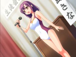 Rule 34 | 1girl, breasts, game cg, ginta, indoors, microphone, purple hair, solo, sugar + spice, swimsuit, yellow eyes