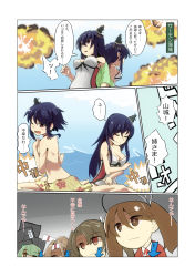 Rule 34 | 10s, 6+girls, adapted costume, bare shoulders, bikini, black hair, breast envy, breasts, brown hair, cleavage, comic, commentary request, closed eyes, fusou (kancolle), green hair, hachimaki, hair between eyes, hair ornament, headband, headgear, highres, kantai collection, large breasts, long hair, multiple girls, one eye closed, red eyes, ryuujou (kancolle), sarong, shaded face, short hair, speech bubble, swimsuit, trait connection, translation request, twintails, visor cap, yamashiro (kancolle), yuubari (kancolle), zaru no naka ni aru saikoro, zuihou (kancolle), zuikaku (kancolle)