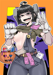 1girl absurdres ahoge anal_beads asha belt black_eyes black_hair blunt_bangs bob_cut breasts brown_belt brown_shirt clothes_lift cloud commentary_request condom condom_packet_strip condom_wrapper cowboy_shot dildo earrings grey_pants halloween highres holding holding_condom jewelry lifted_by_self looking_at_viewer lotion medium_bangs nipples object_through_head open_mouth orange_background original pants patchwork_skin purple_skirt screw_in_head sex_toy shirt shirt_lift short_hair short_sleeves skirt small_breasts smile solo v-shaped_eyebrows viagra