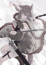 Rule 34 | 1girl, animal ears, arms up, eyes visible through hair, floating clothes, floating hair, grey eyes, grey hair, grey tail, highres, holding, holding knife, holding sword, holding weapon, knife, long hair, looking at viewer, mikisai, open mouth, original, sidelocks, simple background, solo, sword, tail, thigh strap, weapon, white background, white legwear
