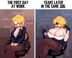 Rule 34 | 1girl, 2koma, age progression, areola slip, bare shoulders, black blazer, black choker, black eyes, black eyeshadow, black gloves, black skirt, blazer, blonde hair, bottle, breasts, brown pantyhose, choker, cleavage, collarbone, comic, crossed legs, drunk, english text, excited, eyebrows, eyelashes, eyeliner, eyeshadow, feet out of frame, female focus, glasses, gloves, hair over one eye, half-closed eye, hands on own thighs, hands up, high-waist skirt, holding, holding bottle, huge breasts, indoors, jacket, keiko (sachiko shirayuki), large breasts, long hair, long sleeves, looking afar, low ponytail, makeup, office lady, open clothes, open jacket, open shirt, original, pantyhose, pencil skirt, ponytail, sachiko shirayuki, shirt, shortstack, sitting, skirt, smile, solo, strapless, strapless shirt, torn clothes, torn pantyhose, white shirt