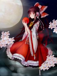 Rule 34 | 1girl, ascot, bad id, bad pixiv id, ball, bell, bow, brown hair, cherry blossoms, detached sleeves, dress, embellished costume, flower, full body, full moon, gradient background, hair bow, hair flower, hair ornament, hair tubes, hakurei reimu, highres, holding, jingle bell, lace, lace-trimmed dress, lace trim, long hair, moon, night, night sky, outdoors, seven zhu bing yi, sitting, sky, solo, touhou