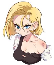 Rule 34 | 1girl, absurdres, android 18, battle damage, blonde hair, blue eyes, blush, breasts, cleavage, closed mouth, collarbone, dashi (dashiart), dragon ball, dragonball z, earrings, highres, jewelry, long sleeves, medium breasts, multicolored shirt, shirt, short hair, simple background, solo, torn clothes, torn shirt, upper body, v-shaped eyebrows, white background