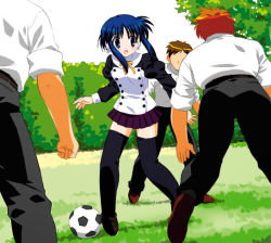 Rule 34 | 00s, 1girl, ball, black thighhighs, blue hair, day, grass, ilfa (to heart), leaf (company), nal, nal (studio ng), outdoors, playing sports, robot ears, skirt, soccer, soccer ball, studio ng, telstar, thighhighs, to heart, to heart (series), to heart 2, zettai ryouiki