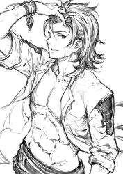 Rule 34 | 1boy, abs, belt, bracelet, commentary request, granblue fantasy, greyscale, hair slicked back, hand up, haoni, jacket, jewelry, long sleeves, looking at viewer, male focus, monochrome, open clothes, open jacket, parted lips, percival (granblue fantasy), topless male, sketch, smile, solo, wet, wet hair, white background