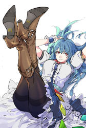 Rule 34 | 1girl, belt boots, black pantyhose, blue hair, blue skirt, boots, brown footwear, closed mouth, crossed legs, feet up, fingernails, hair spread out, high heel boots, high heels, highres, hinanawi tenshi, knee boots, legs up, lying, nail polish, no headwear, no headwear, on back, pantyhose, puffy short sleeves, puffy sleeves, red eyes, red nails, ruukii drift, shirt, shoe soles, short sleeves, simple background, skirt, smile, solo, thighband pantyhose, touhou, white shirt, wristband