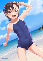 1girl arena_(company) artist_logo beach black_hair blue_one-piece_swimsuit blue_sky brown_eyes cloud commentary_request competition_school_swimsuit day dutch_angle flat_chest highres horizon logo mu-pyon ocean one-piece_swimsuit open_mouth original outdoors school_swimsuit short_hair sky smile solo standing swimsuit twitter_username