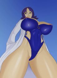 Rule 34 | 1girl, absurdres, anythinggoes, blue sky, breasts, clothes, creatures (company), female focus, female pubic hair, game freak, hand in pocket, highleg, highleg swimsuit, highres, jacket, large breasts, looking at viewer, medium hair, nintendo, nipples, one-piece swimsuit, philena ivy, pokemon, pokemon (anime), pokemon (classic anime), pubic hair, purple eyes, purple hair, shiny skin, sky, smile, solo, swimsuit, wide hips