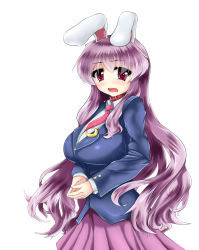 Rule 34 | 1girl, animal ears, bad id, bad pixiv id, blazer, breasts, hydrant (kasozama), jacket, large breasts, long hair, necktie, open mouth, own hands clasped, own hands together, pleated skirt, purple hair, rabbit ears, red eyes, red necktie, reisen udongein inaba, shirt, skirt, solo, touhou, very long hair