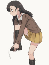 Rule 34 | 1girl, adjusting footwear, boots, chi-hatan military uniform, commentary request, from side, full body, girls und panzer, knee boots, long hair, meis (terameisu), nishi kinuyo, pleated skirt, profile, simple background, skirt, solo, standing, thighs, white background