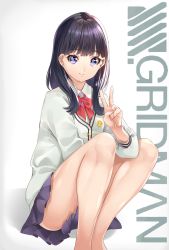 Rule 34 | 1girl, black hair, blue eyes, bow, bowtie, cardigan, closed mouth, collared shirt, copyright name, grey skirt, gridman universe, highres, long hair, long sleeves, looking at viewer, miniskirt, nail polish, pink nails, pleated skirt, red bow, red bowtie, school uniform, shirt, simple background, sitting, skirt, smile, solo, ssss.gridman, takarada rikka, v, white background, white cardigan, white shirt, wing collar, yuutarou (fukiiincho)