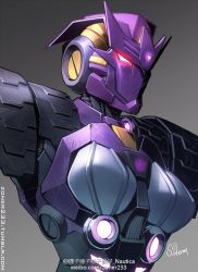 Rule 34 | 1girl, artist name, commentary, dark persona, decepticon, english commentary, fusion, gradient background, insignia, looking down, mask, mecha, nautica (transformers), red eyes, robot, solo, tarn, the transformers (idw), transformers, tumblr username, weibo logo, weibo watermark, weibo watermark, zoner