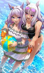 2girls amekudaki animal_ears bare_shoulders black_one-piece_swimsuit blunt_bangs breasts casual_one-piece_swimsuit cleavage commentary_request cowboy_shot cup dress drinking_glass ear_flower eyewear_on_head gold_ship_(run_revolt_launcher)_(umamusume) gold_ship_(umamusume) grey_hair highres horse_ears horse_girl horse_tail long_hair looking_at_viewer mejiro_mcqueen_(ripple_fairlady)_(umamusume) mejiro_mcqueen_(umamusume) multiple_girls official_alternate_costume one-piece_swimsuit purple_eyes purple_hair see-through_clothes see-through_dress smile sunglasses swept_bangs swimsuit tail umamusume