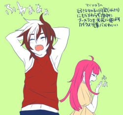 Rule 34 | 1boy, 1girl, armpits, bare shoulders, blush, brown hair, caius qualls, dress, closed eyes, green background, hanamoto chika, long hair, lowres, midriff, open mouth, pants, pink hair, rubia natwick, short hair, tales of (series), tales of the tempest, yawning