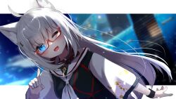 Rule 34 | 1girl, ahoge, aircraft, animal collar, animal ear fluff, animal ears, black collar, black skirt, blue eyes, blue sky, border, cloud, collar, collared shirt, commentary, dutch angle, fang, glasses, hair ornament, hairclip, highres, letterboxed, light blush, light particles, long hair, long sleeves, making-of available, neckerchief, one eye closed, open mouth, original, outdoors, outside border, pointing, pointing at self, red-framed eyewear, sailor collar, shiroino (shirayuki mutsuki), shirt, skirt, sky, sleeves past elbows, smile, solo, sunlight, upper body, watch, white border, white hair, white neckerchief, white sailor collar, white sleeves, wide sleeves, wolf ears, wristwatch, x hair ornament