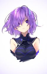 Rule 34 | 1girl, alternate hair color, armor, bare shoulders, black armor, breasts, closed mouth, commentary, cropped torso, detached sleeves, expressionless, eyes visible through hair, fate/grand order, fate (series), floating hair, hair between eyes, hair over one eye, head tilt, highres, kuwashima rein, looking at viewer, mash kyrielight, medium breasts, purple eyes, short hair, sleeveless, solo, upper body, white background