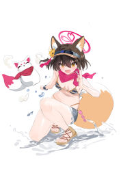 Rule 34 | 1girl, absurdres, animal ears, awei (aweirua), bikini, blue archive, doll, fox ears, fox tail, highres, izuna (blue archive), izuna (swimsuit) (blue archive), kneeling, sandals, simple background, solo, swimsuit, tail, twitter, white background, yellow eyes