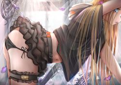Rule 34 | 1girl, abigail williams (fate), ass, backlighting, bent over, black panties, black shirt, black skirt, blonde hair, blue eyes, bow, breasts, bridal garter, bug, butt crack, butterfly, fate/grand order, fate (series), forehead, highres, hooded shirt, insect, kayjae, key, long hair, navel, open mouth, orange bow, panties, parted bangs, shirt, short sleeves, skirt, small breasts, staff, underwear