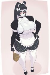 Rule 34 | 1girl, absurdres, angry, animal ears, aqua eyes, black hair, blush, breasts, cleavage, embarrassed, female focus, highres, huge breasts, lei (skecchi), long hair, maid, narrowed eyes, panda, panda ears, skecchi, solo, thick thighs, thighhighs, thighs, white hair, white thighhighs, wide hips