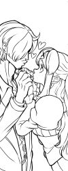 Rule 34 | 1boy, 1girl, charlotte pudding, couple, facial hair, formal, heart, hetero, highres, holding hands, jacket, long hair, looking at another, monochrome, one piece, puckered lips, puffy sleeves, rita ya, sanji (one piece), short hair, third eye, twintails