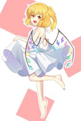 Rule 34 | 1girl, :d, absurdres, akasaka sato, back, bare arms, barefoot, blonde hair, blush, commentary request, crystal, dress, fang, flandre scarlet, floating clothes, foot up, from side, hair between eyes, hands up, happy, highres, looking at viewer, medium hair, no headwear, one side up, open mouth, red eyes, simple background, skirt hold, sleeveless, sleeveless dress, slit pupils, smile, solo, standing, standing on one leg, sundress, tiptoes, toes, tongue, touhou, white background, white dress, wings