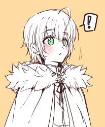 Rule 34 | !, 1girl, ahoge, alternate hair length, alternate hairstyle, blush, cape, chili-tomato (gekikaraya), commentary request, fate (series), fur-trimmed cape, fur trim, gray (fate), green eyes, highres, limited palette, lord el-melloi ii case files, orange background, ribbon, short hair, simple background, solo, speech bubble, spoken exclamation mark, spot color, sweater, upper body