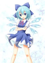 Rule 34 | 1girl, absurdres, akakabu (obsidian910), blue bow, blue dress, blue eyes, blue hair, blush, bow, cirno, crossed arms, crystal, dress, hair bow, highres, looking at viewer, open mouth, red ribbon, ribbon, smile, solo, suigetsu (watermoon-910), touhou