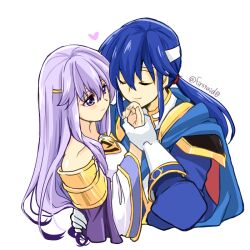 Rule 34 | 1boy, 1girl, bare shoulders, blue hair, brother and sister, cape, circlet, closed eyes, dress, fire emblem, fire emblem: genealogy of the holy war, hand on another&#039;s hip, headband, heart, holding hands, julia (fire emblem), long hair, nintendo, ponytail, purple eyes, purple hair, seliph (fire emblem), siblings, simple background, smile, white headband, yukia (firstaid0)