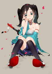 Rule 34 | 1girl, absurdres, aqua eyes, bare shoulders, black hair, black socks, blush, breasts, cherry, cleavage, collarbone, eating, food, fruit, full body, grey background, hand on own cheek, hand on own face, head tilt, highres, katana, kneehighs, lips, long hair, looking at viewer, petals, red footwear, sarashi, sheath, sheathed, shoe soles, shoes, simple background, sitting, skirt, smile, socks, solo, sword, tareme, thighhighs, twintails, weapon, xieearly, zettai ryouiki