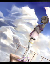 Rule 34 | 1girl, ar tonelico, ar tonelico iii, bike shorts, blonde hair, braid, cloud, female focus, letterboxed, outdoors, purple eyes, saki (ar tonelico), short hair, sky, solo, standing, thighhighs, toyota (artist), umbrella, white thighhighs