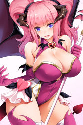Rule 34 | 1girl, bare shoulders, blue eyes, blunt bangs, blush, breasts, cleavage, curvy, demon girl, demon horns, demon tail, demon wings, highres, horns, large breasts, leotard, long hair, looking at viewer, mole, mole on breast, obaoba (monkeyix), open mouth, original, pink hair, simple background, solo, tail, thick thighs, thighhighs, thighs, twintails, white background, wide hips, wings