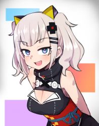 Rule 34 | 1girl, animal ears, bare arms, bare shoulders, blue eyes, breasts, cat ears, cleavage, cleavage cutout, clothing cutout, gazacy (dai), hair ornament, hairclip, high collar, highres, kaguya luna, leaning forward, looking at viewer, medium breasts, obi, open mouth, sash, silver hair, simple background, solo, the moon studio, twintails, upper body, virtual youtuber, white background, x hair ornament
