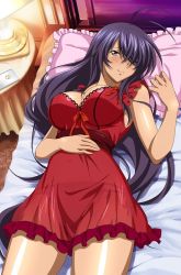 Rule 34 | 1girl, bed, breasts, cleavage, ikkitousen, kan&#039;u unchou, lamp, large breasts, lingerie, lying, on back, on bed, panties, pillow, solo, underwear