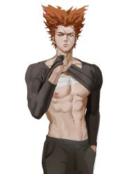 Rule 34 | 1boy, abs, absurdres, bandages, black pants, closed mouth, clothes lift, collarbone, colored sclera, cowboy shot, dudlesnoodles, expressionless, garou (one-punch man), hand in pocket, highres, lifting own clothes, long sleeves, male focus, muscular, muscular male, navel, nipples, one-punch man, orange hair, orange sclera, pants, pectorals, pointy hair, scar, scar on face, shirt lift, simple background, solo, white background, yellow eyes