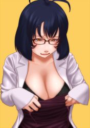 Rule 34 | 1girl, adjusting clothes, antenna hair, black hair, bra, breasts, cecile-sensei, cleavage, dress, glasses, kamisuki, lab coat, large breasts, lingerie, open clothes, open shirt, original, shirt, sleeves past wrists, solo, strap, underwear, yellow eyes
