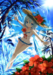 Rule 34 | 1girl, barefoot, blue eyes, blue hair, bracelet, casual one-piece swimsuit, cirno, cloud, day, dolphin, flower, frilled swimsuit, frills, hair flower, hair ornament, hat, hibiscus, highres, ice, jewelry, matching hair/eyes, ocean, one-piece swimsuit, outstretched arms, palm tree, sky, solo, spread arms, straw hat, swimsuit, touhou, tree, wings, yukim27