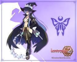 Rule 34 | 1girl, blue hair, boots, breasts, cleavage, copyright name, detached sleeves, earrings, fatima, hair over one eye, hand on own hip, hat, jewelry, large breasts, long hair, luminous arc, luminous arc 2, midriff, navel, official art, official wallpaper, pendant, pointy ears, purple eyes, shibano kaito, solo, thighhighs, very long hair, wallpaper, whip, witch, witch hat