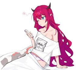 Rule 34 | 1girl, :3, blue eyes, body pillow, cat, dakimakura (object), dasdokter, demon horns, hair between eyes, hakos baelz, heterochromia, hololive, hololive english, horns, implied yuri, irys (hololive), long hair, looking at phone, multicolored hair, one eye closed, panties, phone, pillow, pink panties, pointy ears, print shirt, purple hair, red eyes, red hair, shirt, shirt slip, simple background, single bare shoulder, sitting, sleepy, solo, two-tone hair, under covers, underwear, very long hair, virtual youtuber, white background, white shirt
