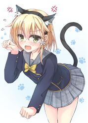 Rule 34 | 1girl, anger vein, angry, animal ear fluff, animal ears, black jacket, black tail, blonde hair, blush, bow, bowtie, braid, cat ears, cat tail, clenched hands, cowboy shot, double-parted bangs, embarrassed, eyelashes, eyes visible through hair, fake animal ears, fake tail, flower, flying sweatdrops, full-face blush, green eyes, grey sailor collar, grey skirt, hair between eyes, hair flower, hair ornament, hand up, igarashi kenji, jacket, kariya wakana, leaning forward, long sleeves, looking at viewer, medium hair, miniskirt, open mouth, paw pose, paw print, paw print background, plaid, plaid skirt, pleated skirt, sailor collar, sanoba witch, school uniform, simple background, single braid, skirt, solo, standing, tail, tears, v-shaped eyebrows, wavy mouth, white background, white flower, yellow bow, yellow bowtie
