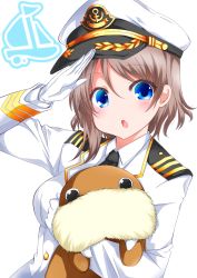 Rule 34 | 10s, 1girl, :o, absurdres, anchor symbol, blue eyes, blush, brown hair, character doll, gloves, grey hair, hat, highres, long sleeves, looking at viewer, love live!, love live! school idol festival, love live! sunshine!!, military, military uniform, naval uniform, peaked cap, salute, short hair, solo, uchicchii, uniform, upper body, watanabe you, white background, white gloves, zero-theme
