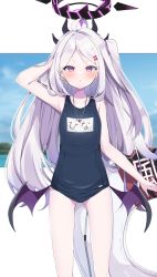Rule 34 | 1girl, ahoge, arm behind head, arm up, armpits, blue archive, blue one-piece swimsuit, blush, demon horns, demon wings, gluteal fold, grey hair, hair ornament, hairclip, halo, highres, hina (blue archive), hina (swimsuit) (blue archive), horns, long hair, low wings, murase48, one-piece swimsuit, pink eyes, school swimsuit, swimsuit, thighs, very long hair, wings