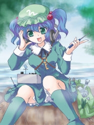Rule 34 | 1girl, backpack, bag, blue eyes, blue hair, blush, boots, cucumber, earphones, female focus, hair bobbles, hair ornament, hat, kawashiro nitori, key, matching hair/eyes, miomix, open mouth, pliers, randoseru, screwdriver, short hair, sitting, skirt, smile, solo, touhou, twintails, two side up, wrench
