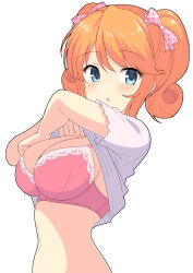 Rule 34 | 1girl, :o, blue eyes, bow, bra, breasts, clothes lift, girlfriend (kari), hair bow, hair ribbon, large breasts, lifting own clothes, medium breasts, medium hair, open mouth, orange hair, perapera, pink bow, pink bra, ribbon, sagara emi, shirt lift, solo, standing, tagme, translation request, two side up, underwear, undressing, upper body, white background