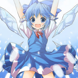 Rule 34 | 1girl, :d, arms up, blue dress, blue eyes, blue hair, blue theme, cirno, dress, fuguno, looking at viewer, matching hair/eyes, open mouth, outstretched arms, short hair, smile, solo, embodiment of scarlet devil, touhou, wings