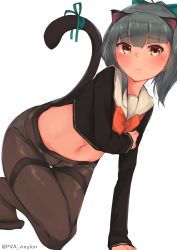 Rule 34 | 1girl, absurdres, adapted costume, alternate costume, alternate hairstyle, animal ears, arm across chest, blunt bangs, blush, bow, brown eyes, cat ears, cat tail, commentary request, green ribbon, grey hair, hair bow, highres, kantai collection, legs, looking to the side, medium hair, no pants, orange bow, panties, panties under pantyhose, pantyhose, ribbon, school uniform, simple background, solo, tail, tail ornament, tail ribbon, thigh gap, thighs, tsurime, twitter username, underwear, uut, white background, yuubari (kancolle)