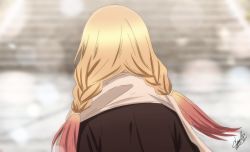 Rule 34 | 1girl, beige scarf, blonde hair, blurry, blurry background, braid, brown jacket, facing away, from behind, highres, jacket, kitagawa marin, laillnii, long hair, multicolored hair, outdoors, pink hair, scarf, signature, solo, sono bisque doll wa koi wo suru, twin braids, twintails, two-tone hair