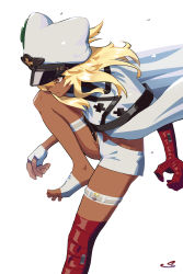 Rule 34 | 1girl, absurdres, arm support, arm up, bandaged arm, bandaged leg, bandages, belt bra, blonde hair, breasts, cape, feet out of frame, fingerless gloves, gloves, grey background, guilty gear, guilty gear strive, hair between eyes, hat, highres, long hair, looking at viewer, medium breasts, ramlethal valentine, shirt, short shorts, shorts, simple background, sitting, solo, some1else45, white cape, white gloves, white hair, white hat, white shirt, white shorts, yellow eyes