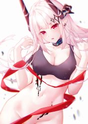Rule 34 | 1girl, absurdres, arknights, bare arms, bare shoulders, black choker, bottomless, breasts, choker, cleavage, collarbone, covered erect nipples, crop top, groin, hair ornament, hands up, highres, horns, infection monitor (arknights), large breasts, leria v, long hair, looking at viewer, material growth, mudrock (arknights), navel, oripathy lesion (arknights), parted lips, pointy ears, red eyes, red ribbon, ribbon, solo, sports bra, stomach, white hair